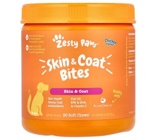 Zesty Paws, Skin & Coat Bites, для собак будь-якого віку, курка, 90 м’яких жувальних таблеток, 315 г (11,1 унції) Zesty Paws, Skin & Coat Bites, для собак будь-якого віку, курка, 90 м’яких жувальних таблеток, 315 г (11,1 унції)