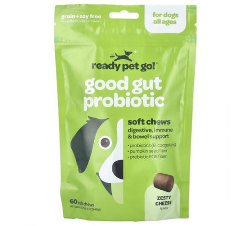 Ready Pet Go, Good Gut Probiotic, для собак будь-якого віку, зі смаком сиру, 60 м’яких жувальних таблеток, 240 г (8,5 унції) Ready Pet Go, Good Gut Probiotic, для собак будь-якого віку, зі смаком сиру, 60 м’яких жувальних таблеток, 240 г (8,5 унції)