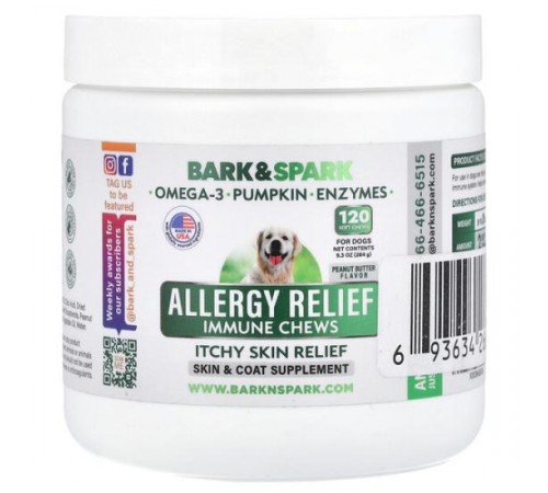 Bark&Spark, Allergy Relief Immune, жувальні таблетки для зняття свербіння шкіри, для собак, арахісова паста, 120 м’яких жувальних таблеток, 264 г (9,3 унції)