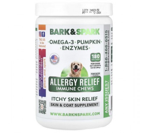 Bark&Spark, Allergy Relief Immune, жувальні таблетки для зняття свербіння шкіри, для собак, арахісова паста, 180 м’яких жувальних таблеток, 396 г (13,9 унції)