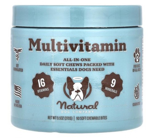 Natural Dog Company, мультивітаміни, для собак будь-якого віку, 90 м’яких жувальних шматочків, 270 г (9,5 унції) Natural Dog Company, мультивітаміни, для собак будь-якого віку, 90 м’яких жувальних шматочків, 270 г (9,5 унції)