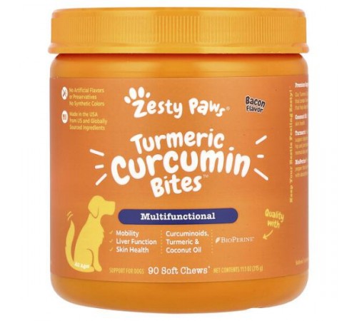 Zesty Paws, багатофункціональний комплекс із куркумою та куркуміном для собак, для собак будь-якого віку, з беконом, 90 жувальних таблеток Zesty Paws, багатофункціональний комплекс із куркумою та куркуміном для собак, для собак будь-якого віку, з беконом, 90 жувальних таблеток