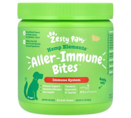 Zesty Paws, Hemp Elements™, Aller-Immune Bites™, для собак будь-якого віку, сир, 90 м’яких жувальних таблеток, 360 г (12,7 унції) Zesty Paws, Hemp Elements™, Aller-Immune Bites™, для собак будь-якого віку, сир, 90 м’яких жувальних таблеток, 360 г (12,7 унції)