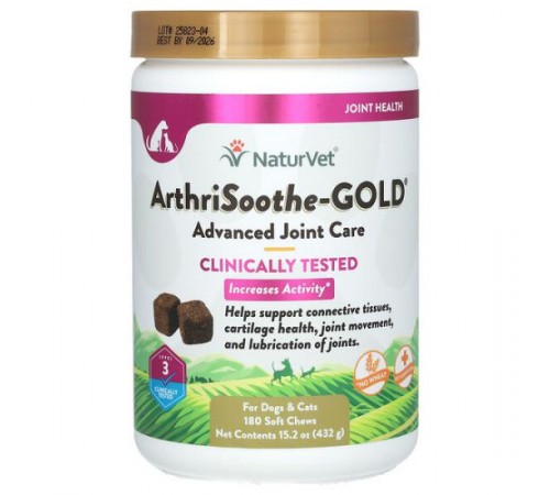 NaturVet, ArthriSoothe-GOLD, покращений засіб для догляду за суглобами, для собак і котів, рівень 3, 180 м’яких жувальних таблеток, 432 г (15,2 унції) NaturVet, ArthriSoothe-GOLD, покращений засіб для догляду за суглобами, для собак і котів, рівень 3, 180 м’яких жувальних таблеток, 432 г (15,2 унції)