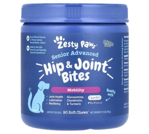 Zesty Paws, Senior Advanced, укуси для стегон і суглобів, для собак, курка, 90 м’яких жувальних таблеток, 315 г (11,1 унції) Zesty Paws, Senior Advanced, укуси для стегон і суглобів, для собак, курка, 90 м’яких жувальних таблеток, 315 г (11,1 унції)