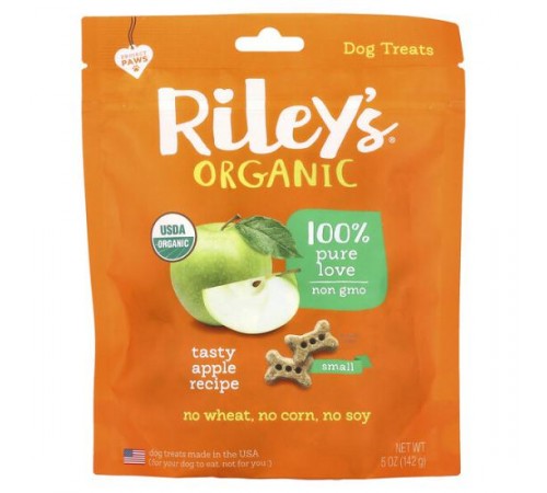 Riley’s Organics, ласощі для собак, маленька кісточка, з яблуком, 142 г (5 унцій) Riley’s Organics, ласощі для собак, маленька кісточка, з яблуком, 142 г (5 унцій)