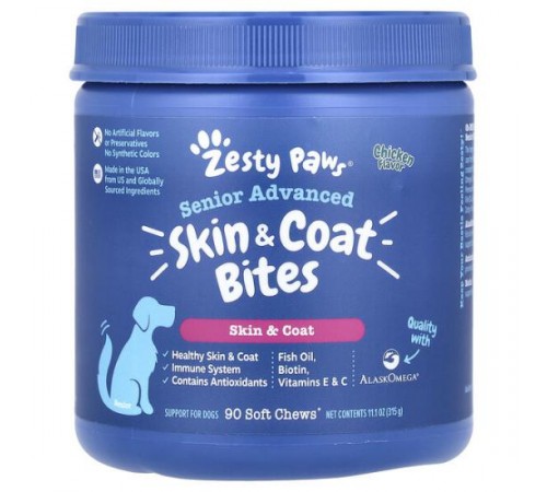 Zesty Paws, Senior Advanced, Skin & Coat Bites, For Dogs, Chicken, 90 Soft Chews, 11.1 oz (315 g) Zesty Paws, Senior Advanced, Skin & Coat Bites, For Dogs, Chicken, 90 Soft Chews, 11.1 oz (315 g)