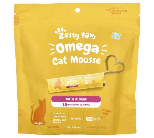 Zesty Paws, Omega Cat Mousse, для котів, тунець, 18 пакетиків-стіків, 252 г (9 унцій)