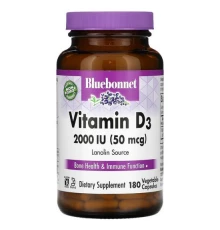 Bluebonnet Nutrition, вітамін D3, 50 мкг (2000 МО), 180 рослинних капсул