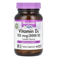 Bluebonnet Nutrition, вітамін D3, 125 мкг (5000 МО), 60 рослинних капсул