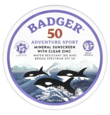 Badger, Adventure Sport, мінеральний сонцезахисний крем із прозорим цинком, SPF 50, без ароматизаторів, 68 г (2,4 унції)