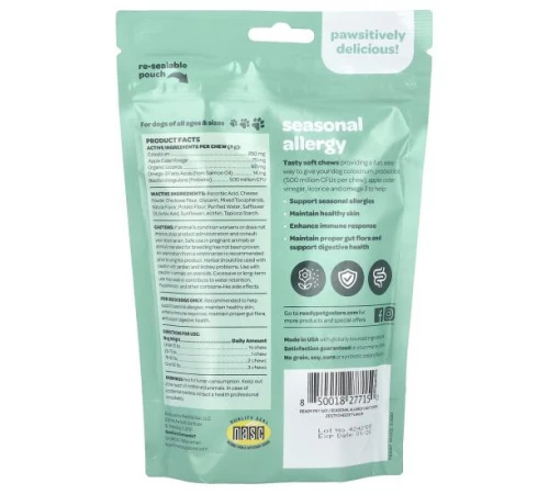 Ready Pet Go, Seasonal Allergy, для собак будь-якого віку, зі смаком сиру, 60 м’яких жувальних таблеток, 240 г (8,5 унції) Ready Pet Go, Seasonal Allergy, для собак будь-якого віку, зі смаком сиру, 60 м’яких жувальних таблеток, 240 г (8,5 унції)