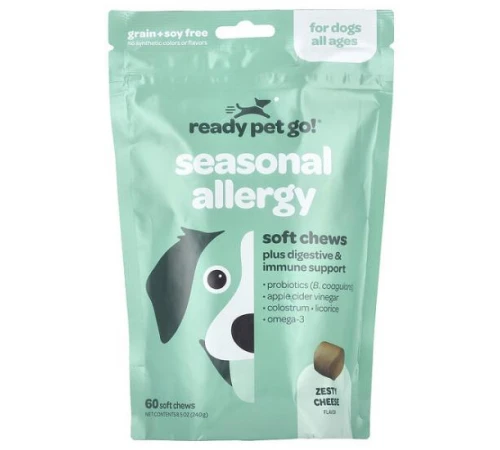 Ready Pet Go, Seasonal Allergy, для собак будь-якого віку, зі смаком сиру, 60 м’яких жувальних таблеток, 240 г (8,5 унції) Ready Pet Go, Seasonal Allergy, для собак будь-якого віку, зі смаком сиру, 60 м’яких жувальних таблеток, 240 г (8,5 унції)